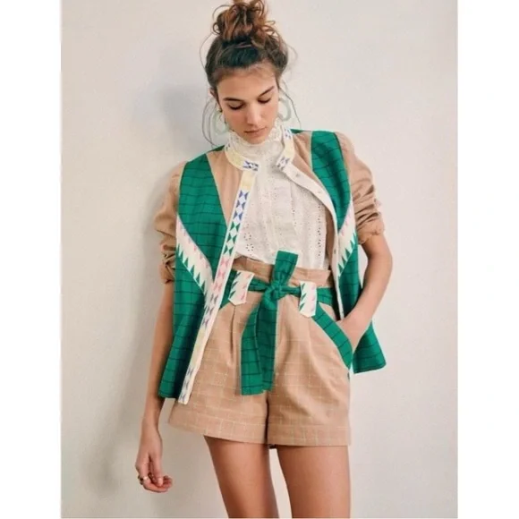 SÉZANE Arthus Brown White Green Plaid Belted High Rise Embroidered Cotton Shorts - Picture 3 of 11